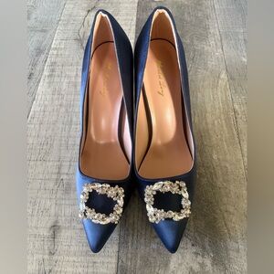 New! Elegant Crystal Buckle Navy Satin Pumps